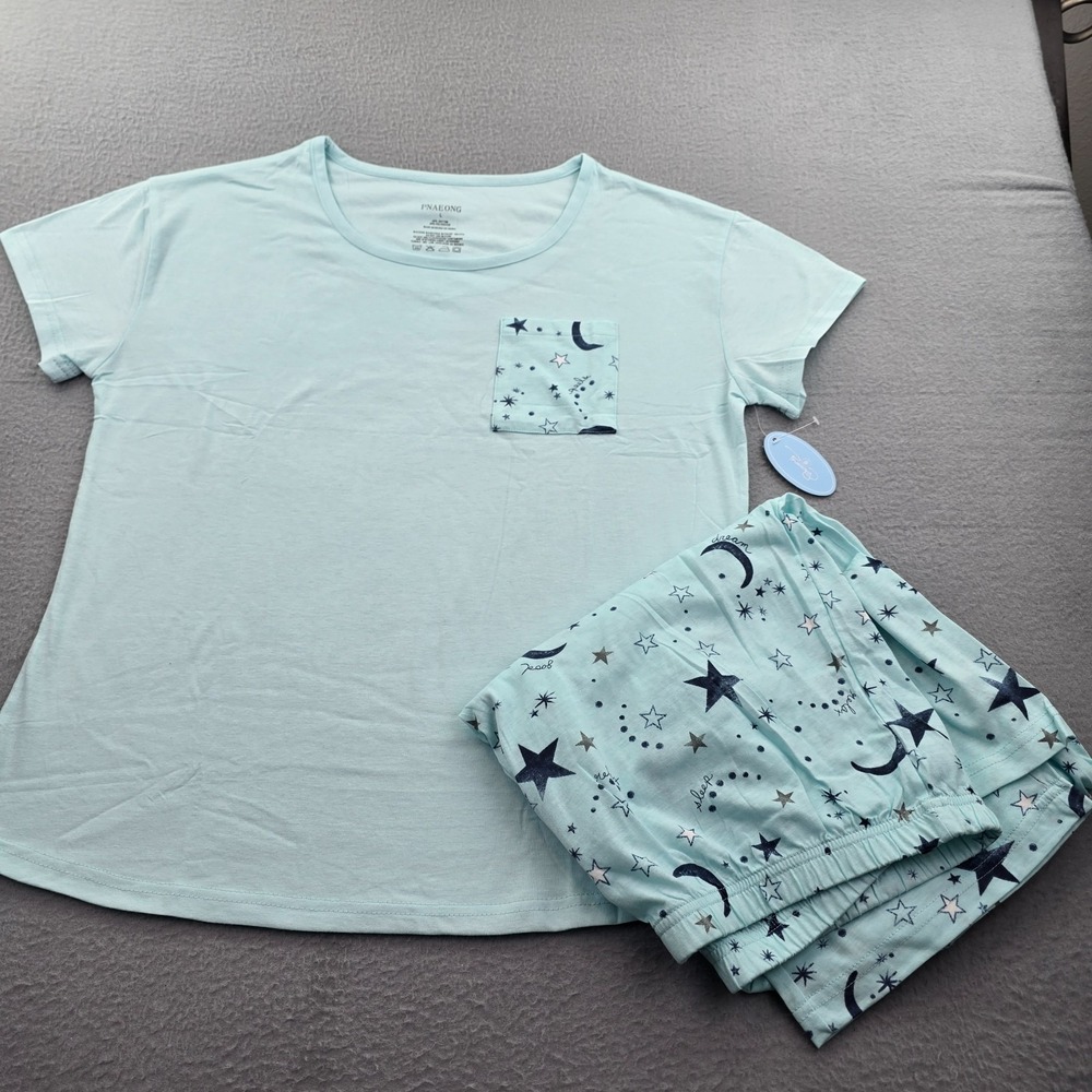 Pnaeong Pajama Set Womens Large Blue Celestial Print Cotton Loose Fit Sleepwear